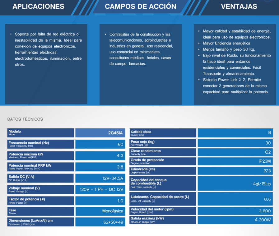 GENERADOR DE ENERGIA INVERTER 4300W 2G45IA ELITE