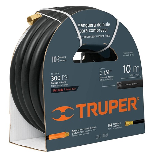 [17080 TR] MANGUERA DE HULE PARA COMPRESOR 300PPSI 1/4" X10MTS TRUPER REF 17080